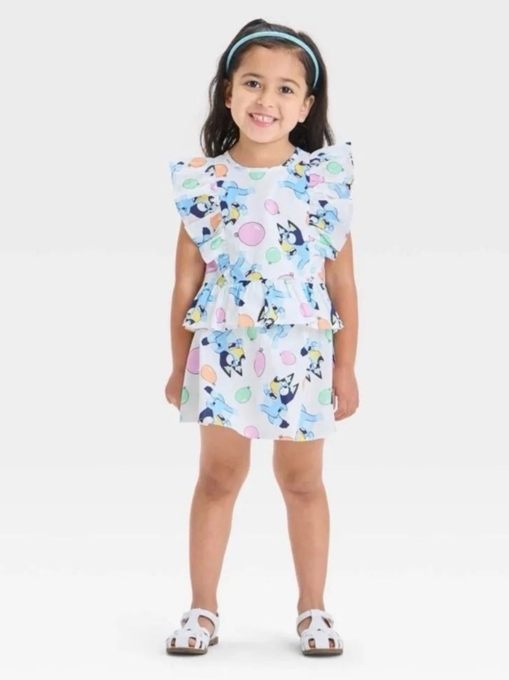 Girls Light Blue Ruffle outfit with Balloon Print